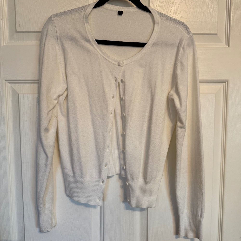Basic White Scoop Button Up Cardigan Sweater Size L